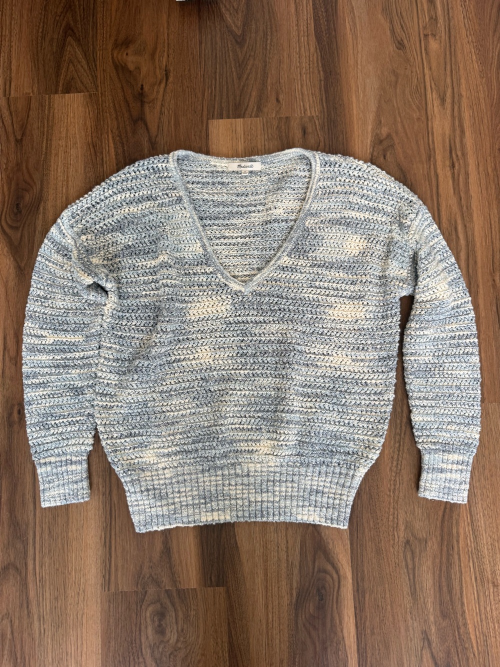 Madewell Blue and Cream Marled V-Neck Sweater